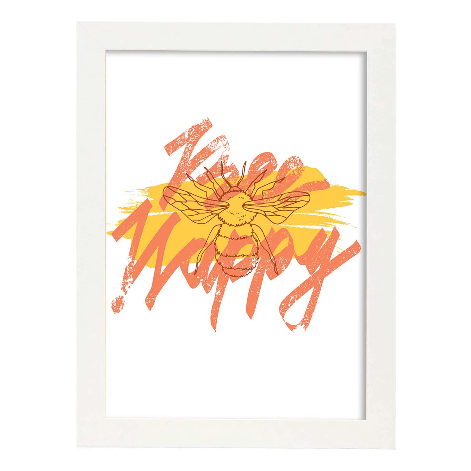 Posters con mensajes felices ilustrados. Lámina de decoración 'Bee Happy' con frases motivadoras y llenas de energia.-Artwork-Nacnic-A4-Marco Blanco-Nacnic Estudio SL