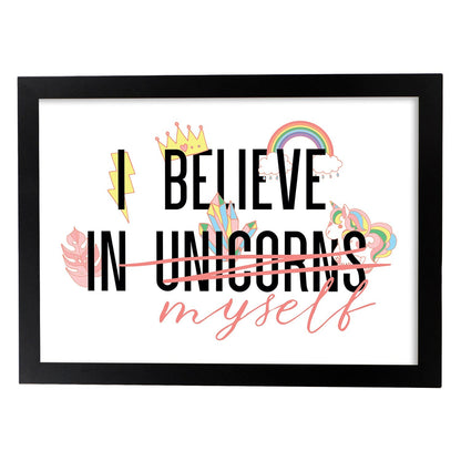 Posters con mensajes felices ilustrados. Lámina de decoración 'I Believe In Myself' con frases motivadoras y llenas de energia.-Artwork-Nacnic-A4-Marco Negro-Nacnic Estudio SL