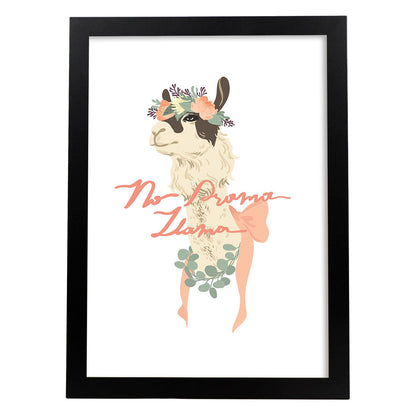 Posters con mensajes felices ilustrados. Lámina de decoración 'No Drama Llama' con frases motivadoras y llenas de energia.-Artwork-Nacnic-A4-Marco Negro-Nacnic Estudio SL