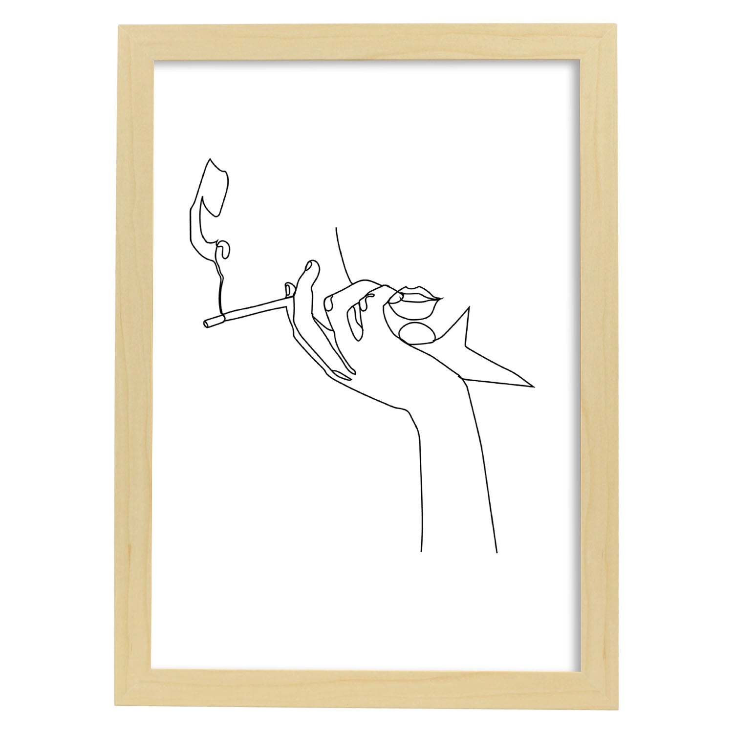 Posters de dibujos y bocetos a una linea. Lámina nordica de Mujer fumando.-Artwork-Nacnic-A3-Marco Madera clara-Nacnic Estudio SL