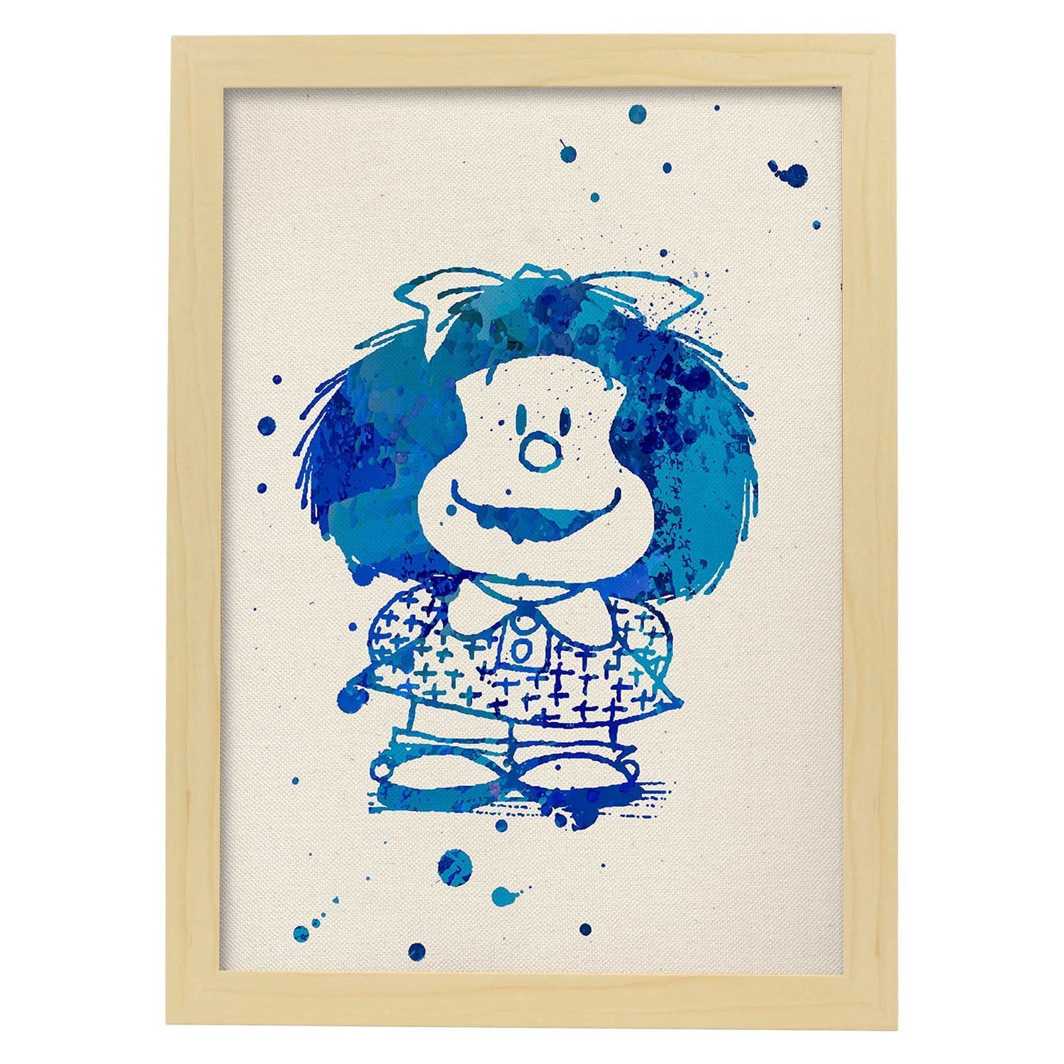 Posters de Mafalda azul. Posters de Mafalda a color para niños, diseños del ilustrador Quino.-Artwork-Nacnic-A4-Marco Madera clara-Nacnic Estudio SL