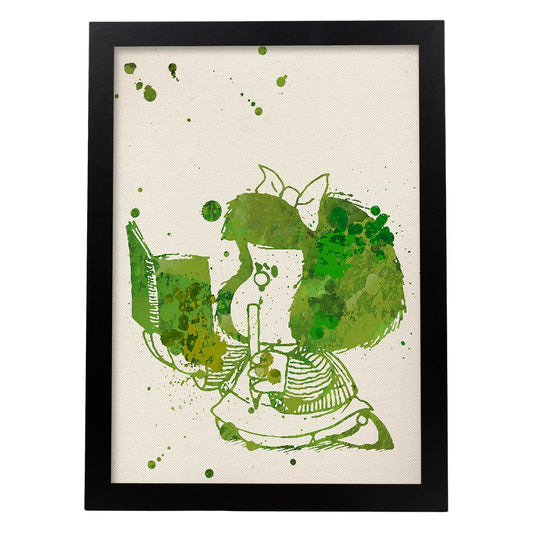 Posters de Mafalda verde. Posters de Mafalda a color para niños, diseños del ilustrador Quino.-Artwork-Nacnic-A4-Marco Negro-Nacnic Estudio SL