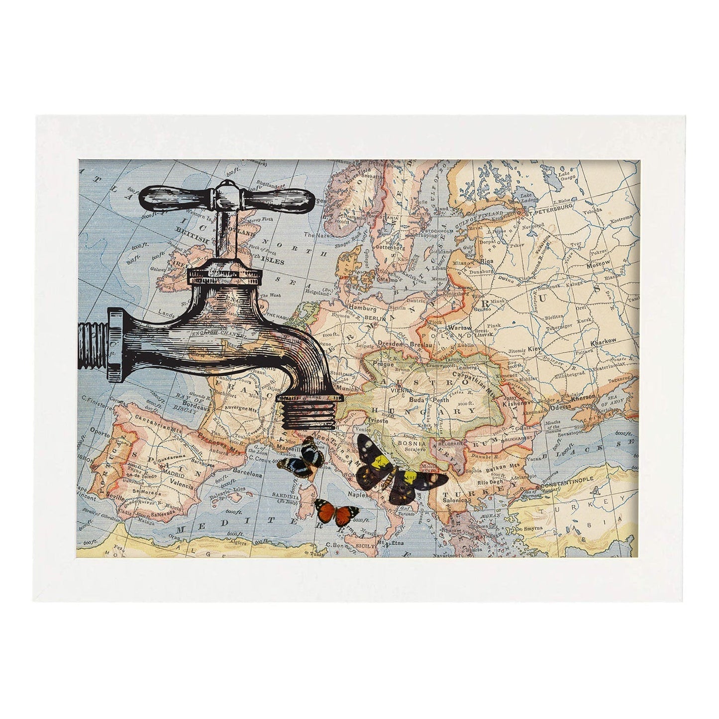Posters de objetos sobre mapas. Lámina Alas sobre Europa, con diseño de objetos sobre mapas vintage.-Artwork-Nacnic-A3-Marco Blanco-Nacnic Estudio SL