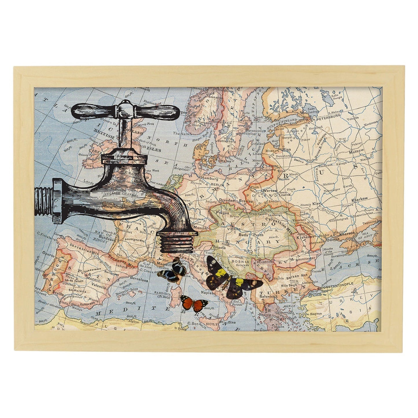 Posters de objetos sobre mapas. Lámina Alas sobre Europa, con diseño de objetos sobre mapas vintage.-Artwork-Nacnic-A3-Marco Madera clara-Nacnic Estudio SL