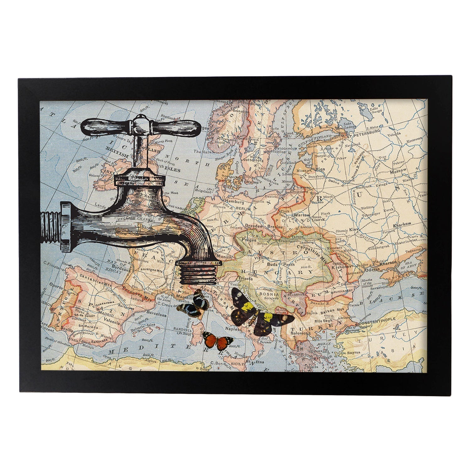 Posters de objetos sobre mapas. Lámina Alas sobre Europa, con diseño de objetos sobre mapas vintage.-Artwork-Nacnic-A3-Marco Negro-Nacnic Estudio SL