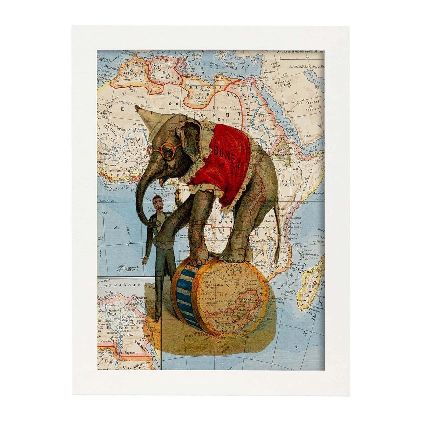 Posters de objetos sobre mapas. Lámina Ambulante desde África, con diseño de objetos sobre mapas vintage.-Artwork-Nacnic-A3-Marco Blanco-Nacnic Estudio SL