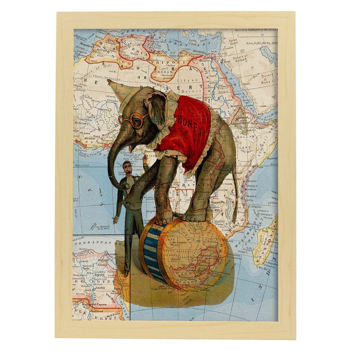 Posters de objetos sobre mapas. Lámina Ambulante desde África, con diseño de objetos sobre mapas vintage.-Artwork-Nacnic-A3-Marco Madera clara-Nacnic Estudio SL