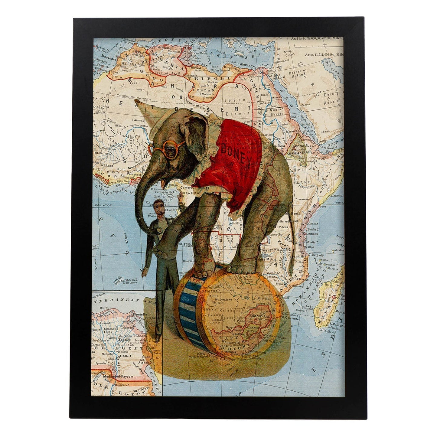 Posters de objetos sobre mapas. Lámina Ambulante desde África, con diseño de objetos sobre mapas vintage.-Artwork-Nacnic-A3-Marco Negro-Nacnic Estudio SL