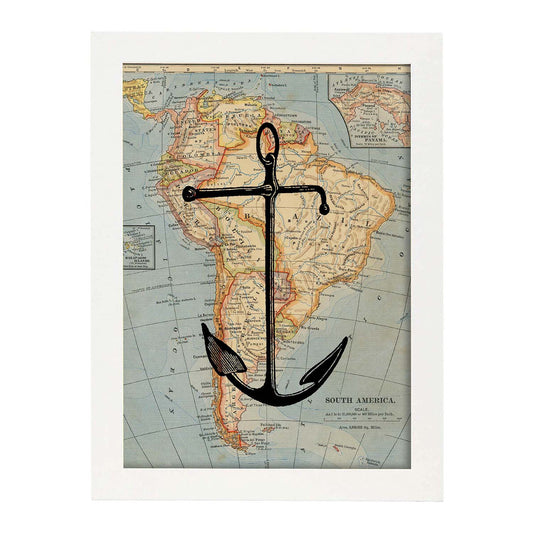 Posters de objetos sobre mapas. Lámina Ancla sobre mapa, con diseño de objetos sobre mapas vintage.-Artwork-Nacnic-A4-Marco Blanco-Nacnic Estudio SL