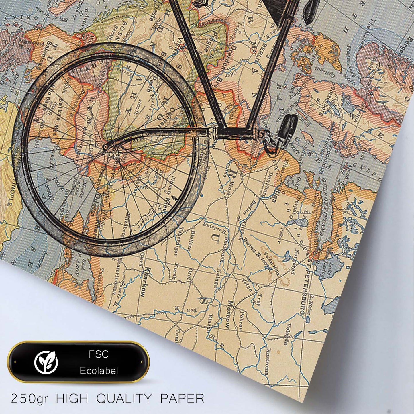 Posters de objetos sobre mapas. Lámina Bici a Europa, con diseño de objetos sobre mapas vintage.-Artwork-Nacnic-Nacnic Estudio SL
