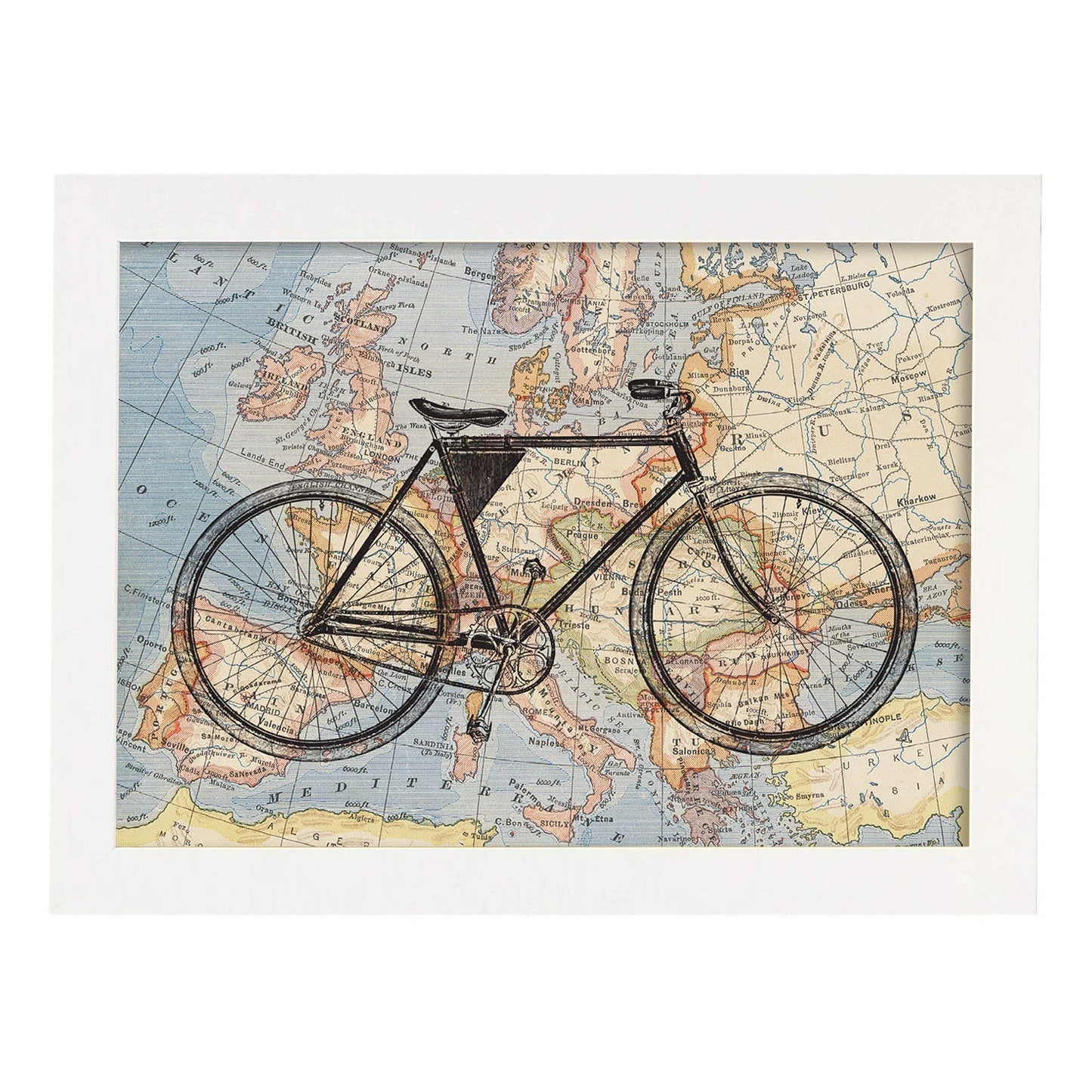 Posters de objetos sobre mapas. Lámina Bici a Europa, con diseño de objetos sobre mapas vintage.-Artwork-Nacnic-A3-Marco Blanco-Nacnic Estudio SL