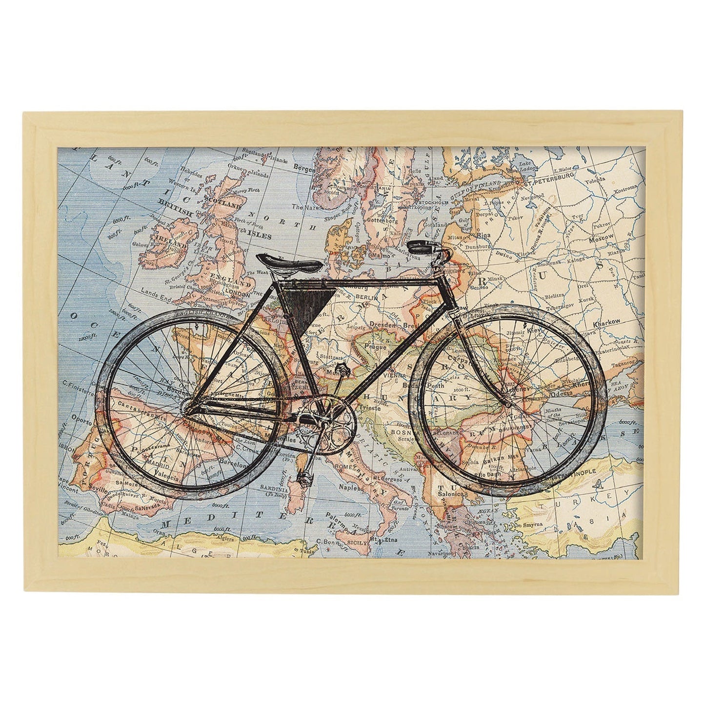 Posters de objetos sobre mapas. Lámina Bici a Europa, con diseño de objetos sobre mapas vintage.-Artwork-Nacnic-A3-Marco Madera clara-Nacnic Estudio SL