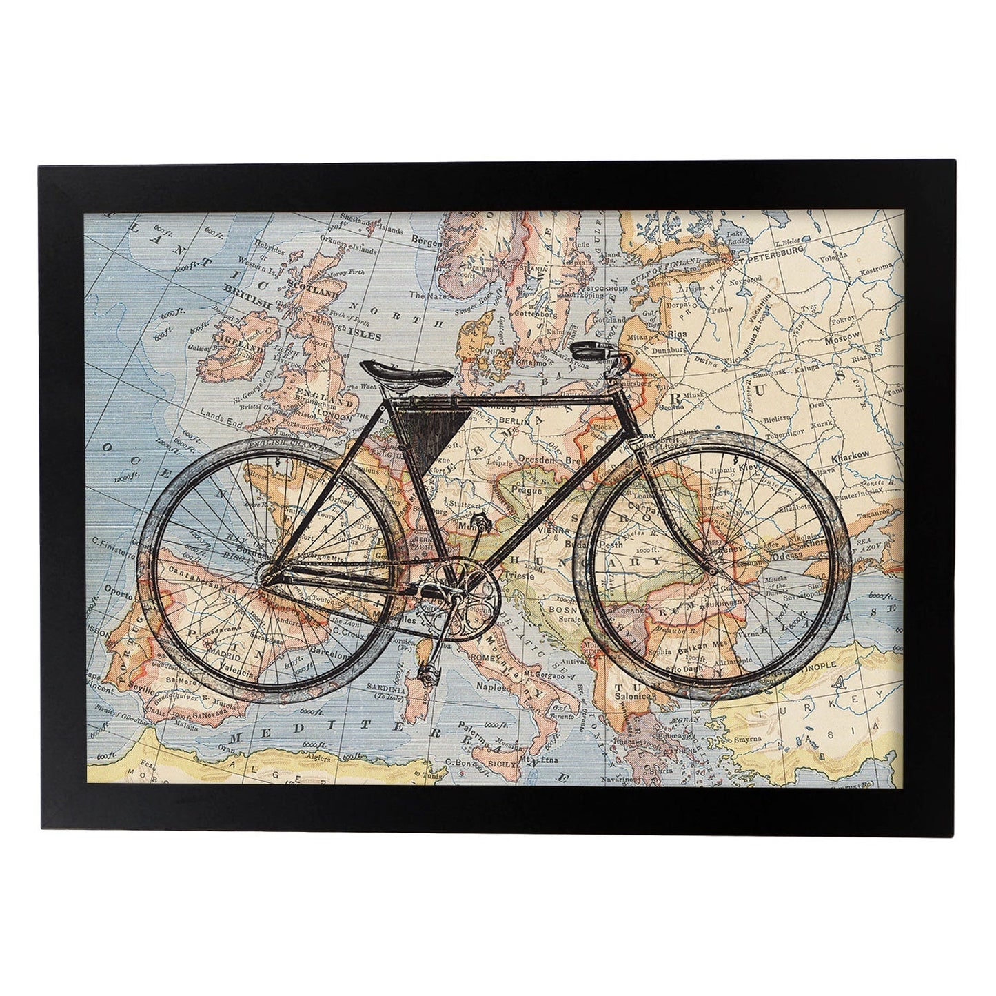 Posters de objetos sobre mapas. Lámina Bici a Europa, con diseño de objetos sobre mapas vintage.-Artwork-Nacnic-A3-Marco Negro-Nacnic Estudio SL