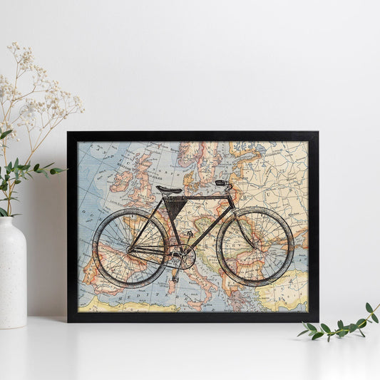 Posters de objetos sobre mapas. Lámina Bici a Europa, con diseño de objetos sobre mapas vintage.-Artwork-Nacnic-Nacnic Estudio SL