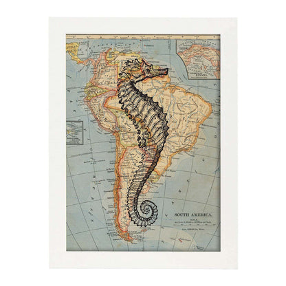 Posters de objetos sobre mapas. Lámina Caballito de mar blanco y negro, con diseño de objetos sobre mapas vintage.-Artwork-Nacnic-A4-Marco Blanco-Nacnic Estudio SL