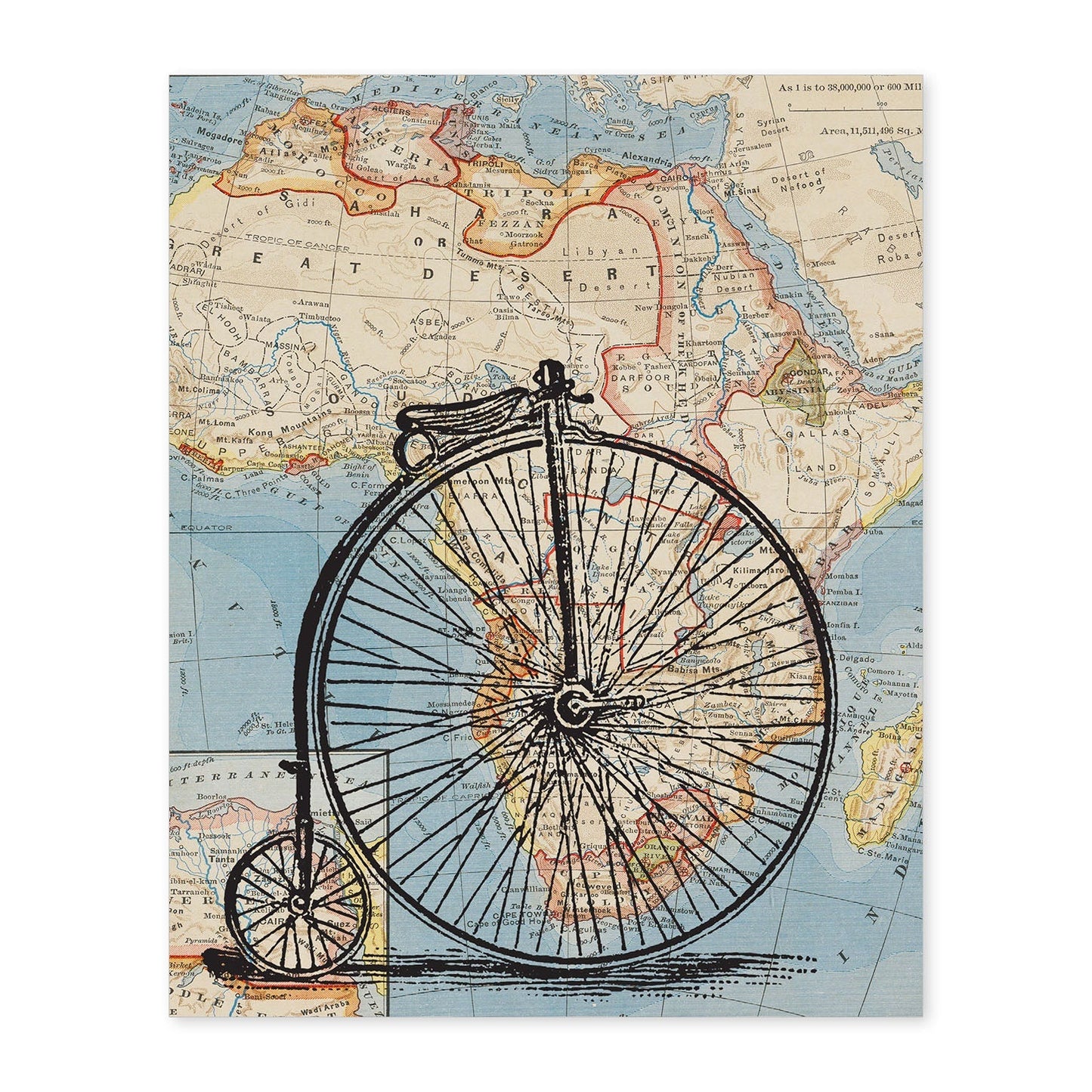 Posters de objetos sobre mapas. Lámina Ciclo a África, con diseño de objetos sobre mapas vintage.-Artwork-Nacnic-A4-Sin marco-Nacnic Estudio SL