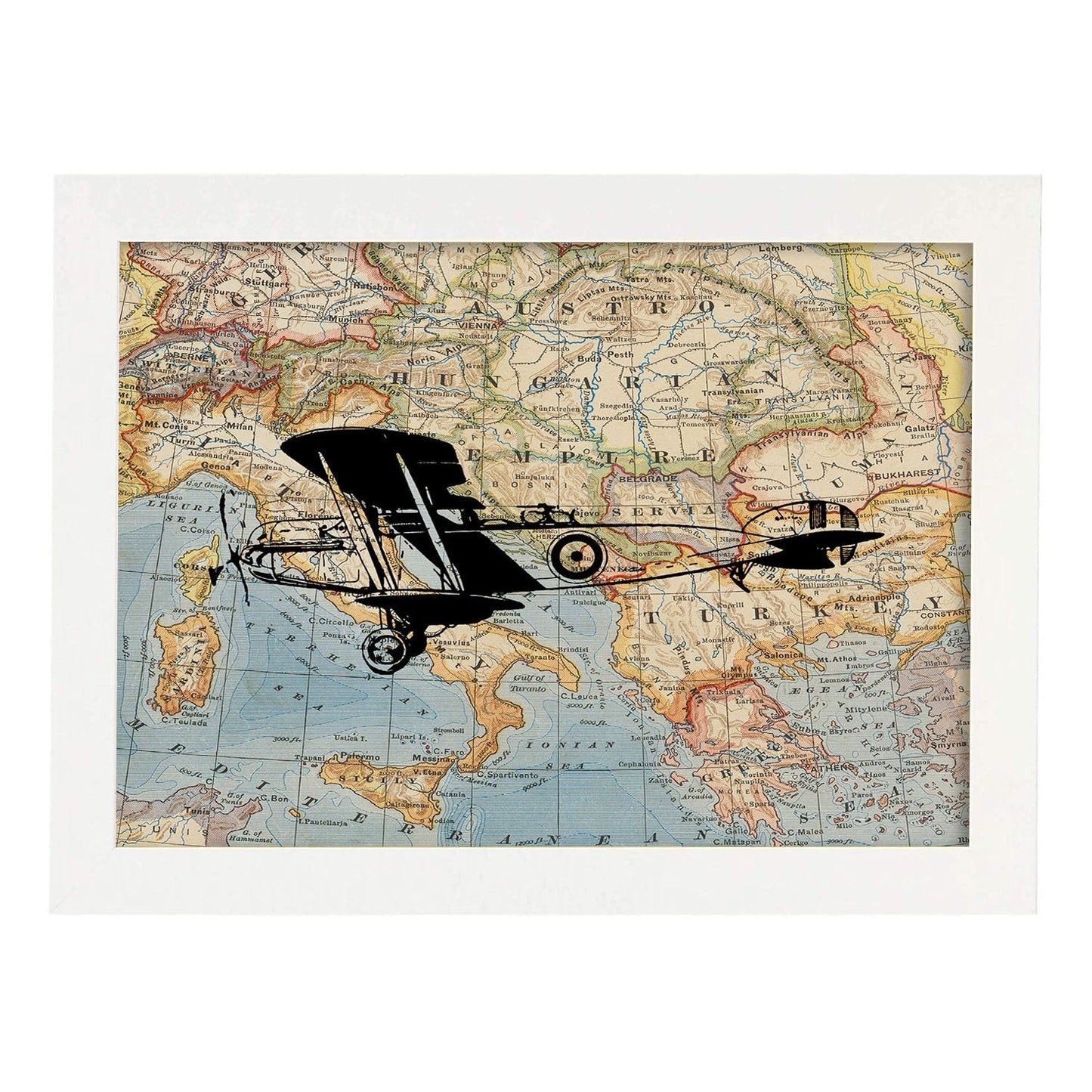 Posters de objetos sobre mapas. Lámina En Avioneta a Europa, con diseño de objetos sobre mapas vintage.-Artwork-Nacnic-A3-Marco Blanco-Nacnic Estudio SL