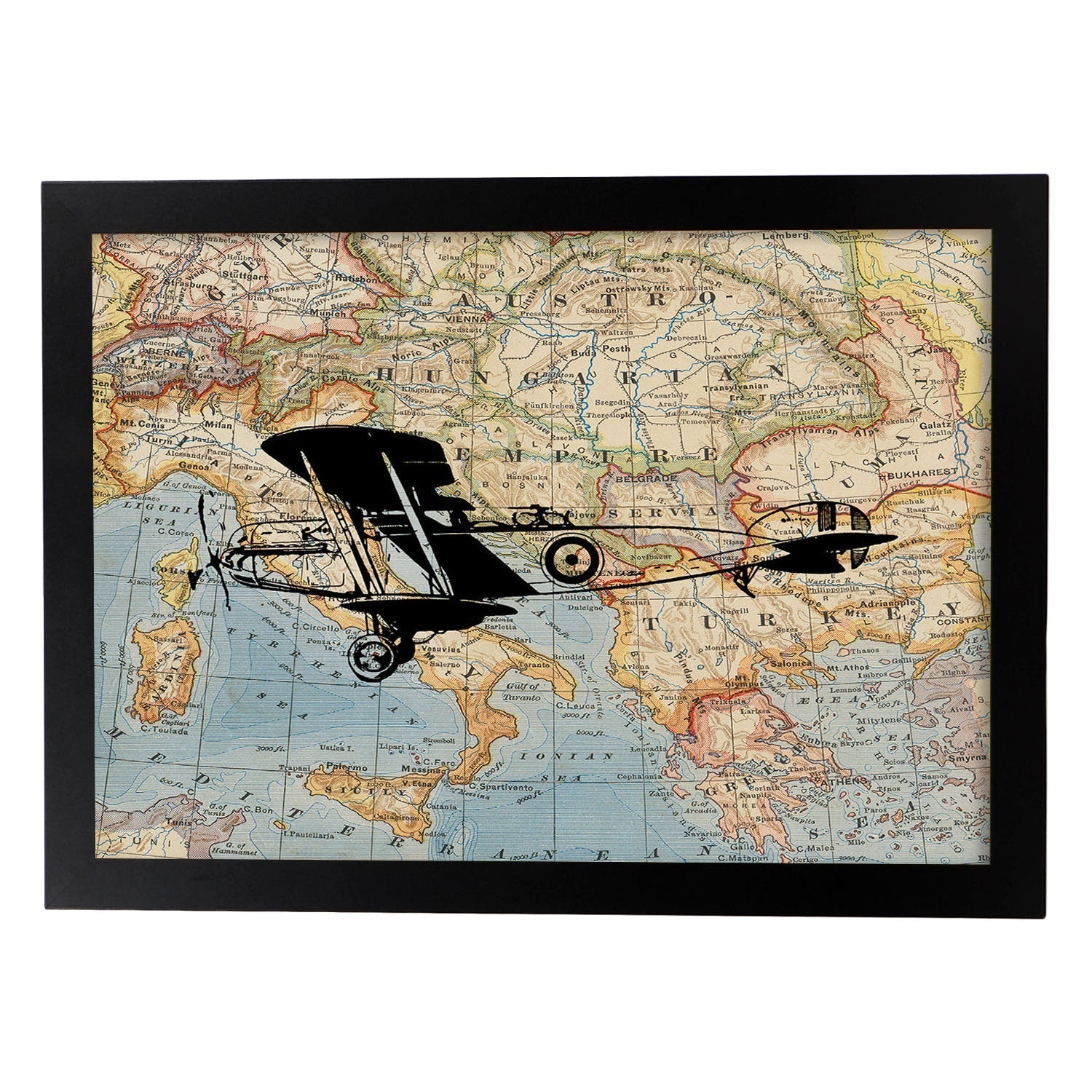 Posters de objetos sobre mapas. Lámina En Avioneta a Europa, con diseño de objetos sobre mapas vintage.-Artwork-Nacnic-A3-Marco Negro-Nacnic Estudio SL