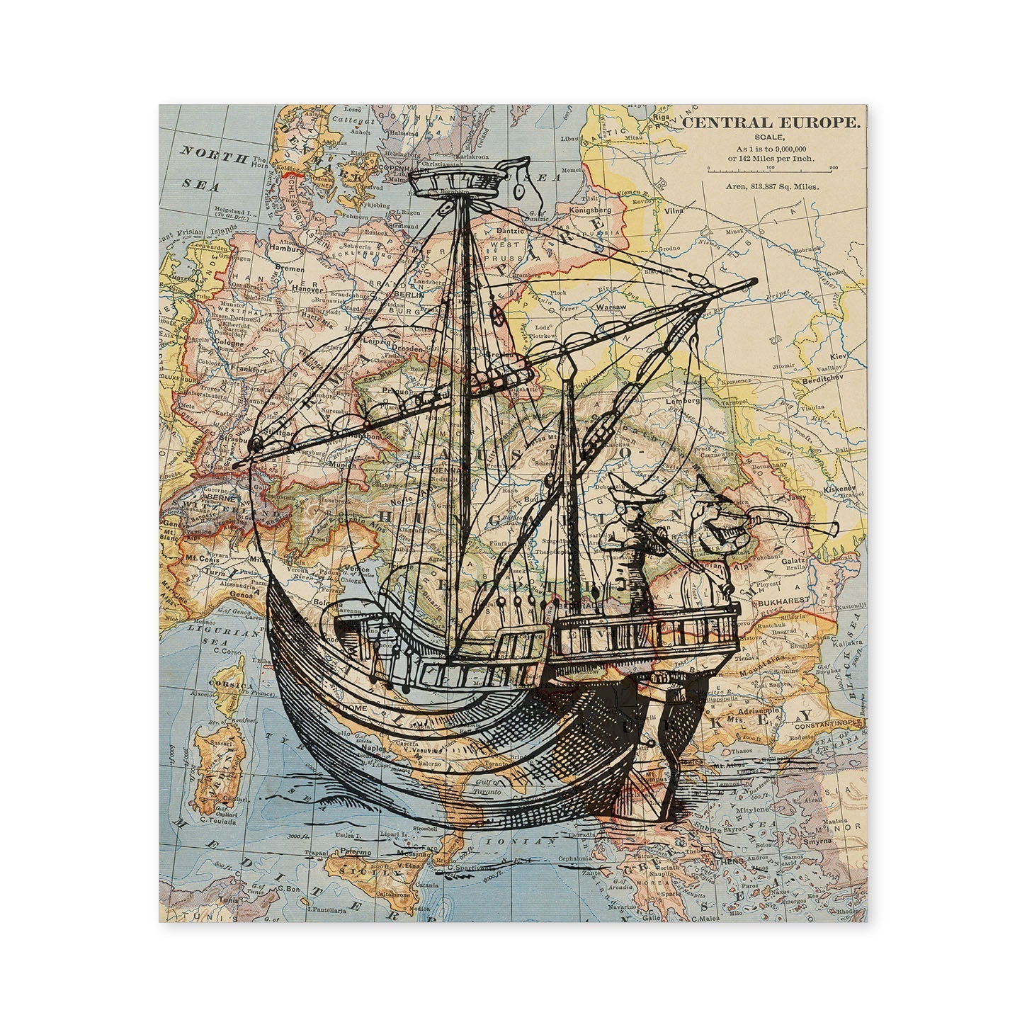 Posters de objetos sobre mapas. Lámina En el Bote, con diseño de objetos sobre mapas vintage.-Artwork-Nacnic-A4-Sin marco-Nacnic Estudio SL