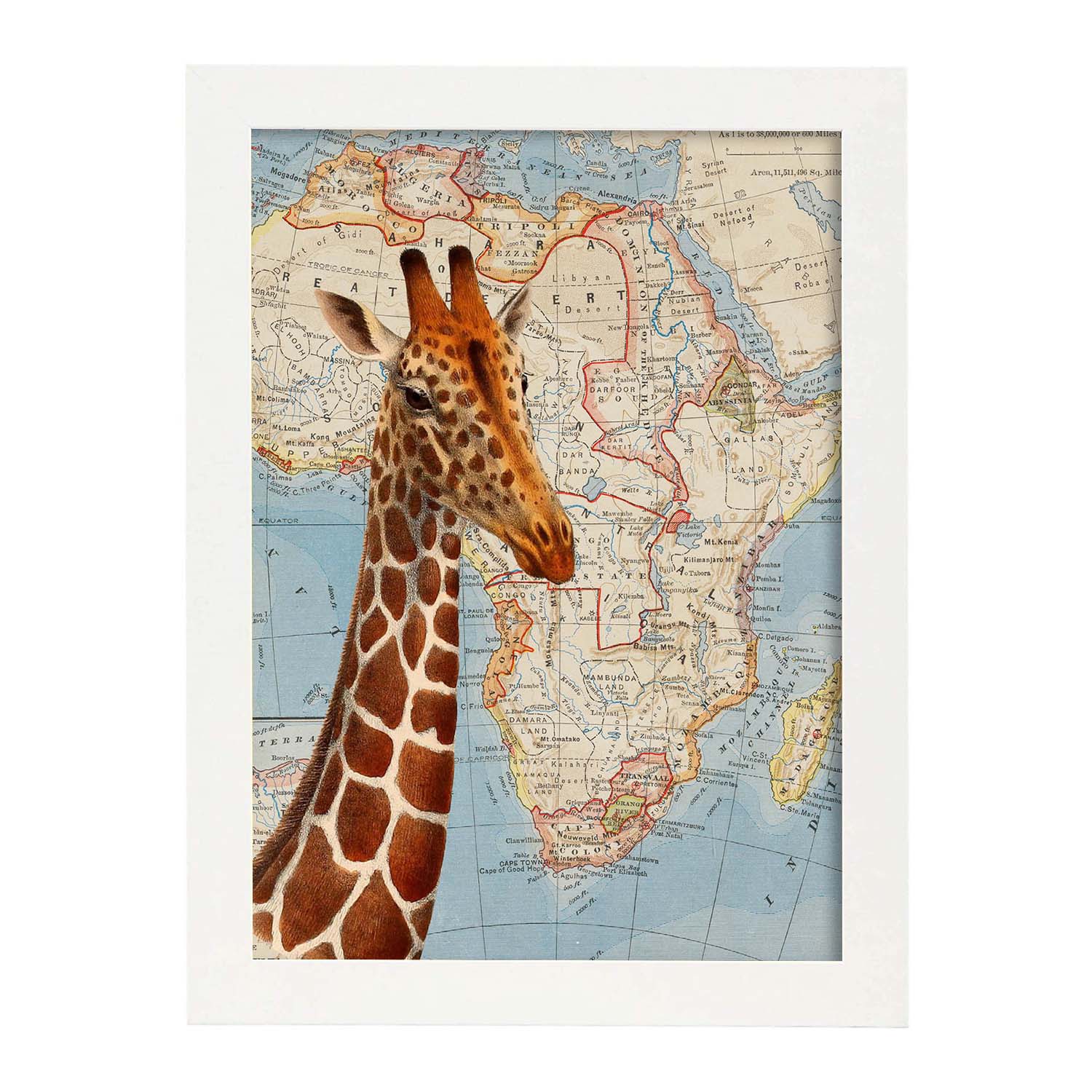 Posters de objetos sobre mapas. Lámina Girafa sueña África, con diseño de objetos sobre mapas vintage.-Artwork-Nacnic-A3-Marco Blanco-Nacnic Estudio SL