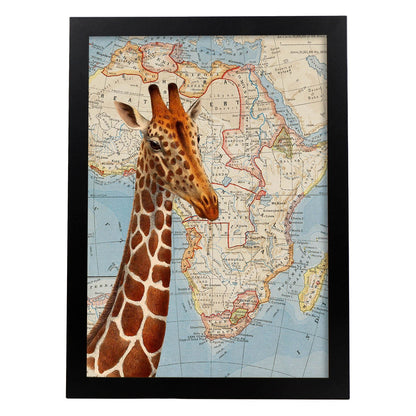 Posters de objetos sobre mapas. Lámina Girafa sueña África, con diseño de objetos sobre mapas vintage.-Artwork-Nacnic-A4-Marco Negro-Nacnic Estudio SL