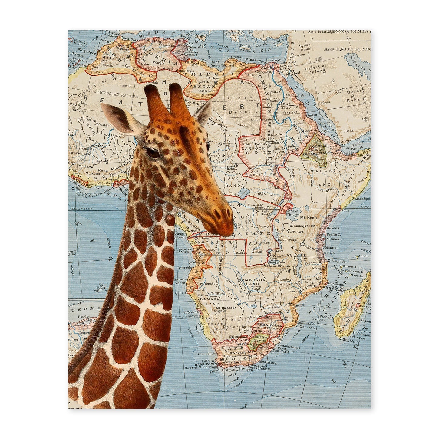 Posters de objetos sobre mapas. Lámina Girafa sueña África, con diseño de objetos sobre mapas vintage.-Artwork-Nacnic-A4-Sin marco-Nacnic Estudio SL