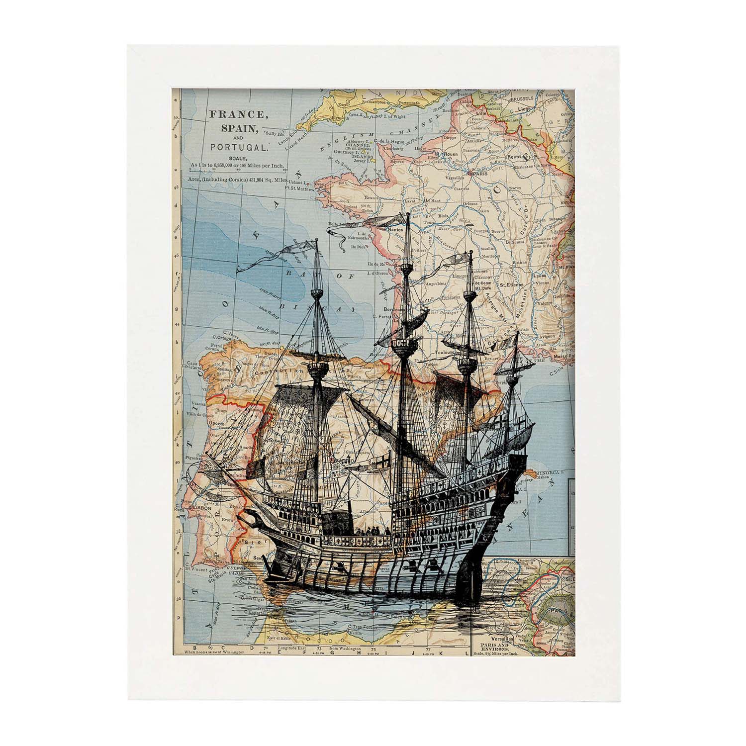 Posters de objetos sobre mapas. Lámina Mediterráneo Vintage, con diseño de objetos sobre mapas vintage.-Artwork-Nacnic-A4-Marco Blanco-Nacnic Estudio SL