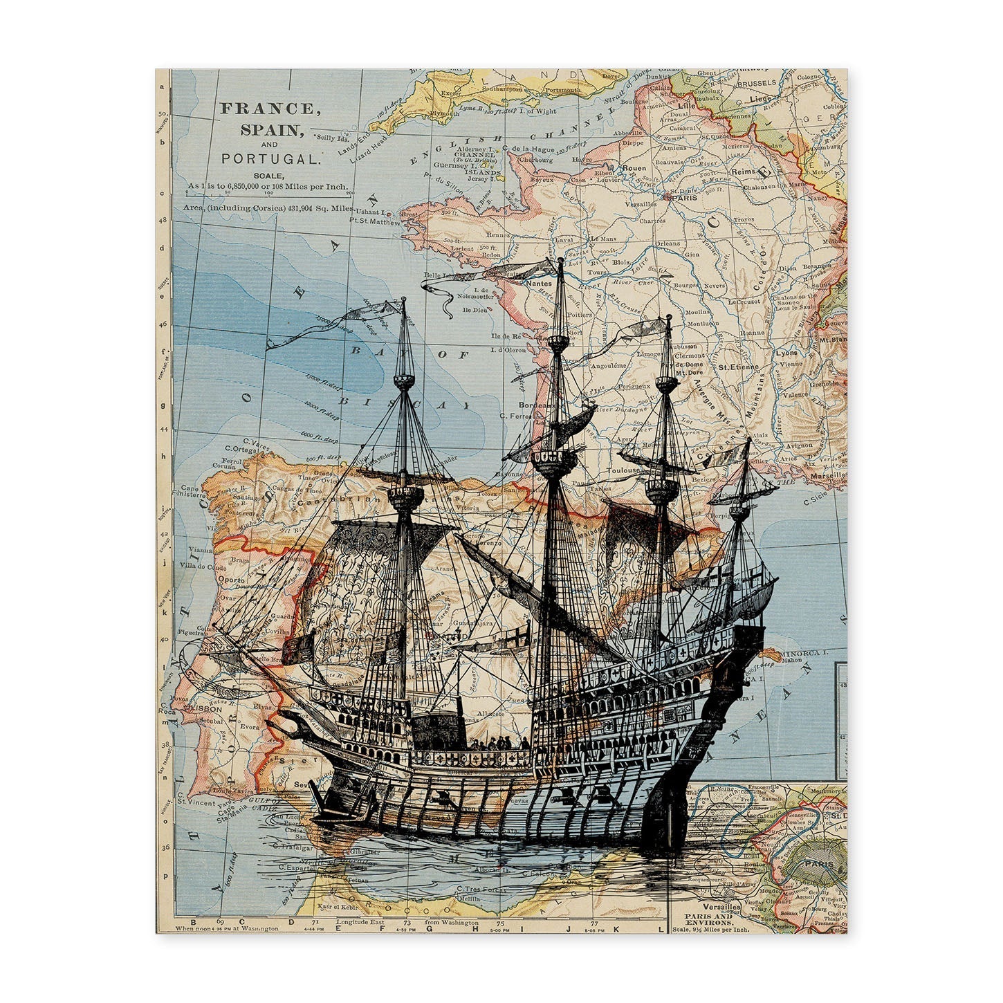 Posters de objetos sobre mapas. Lámina Mediterráneo Vintage, con diseño de objetos sobre mapas vintage.-Artwork-Nacnic-A4-Sin marco-Nacnic Estudio SL