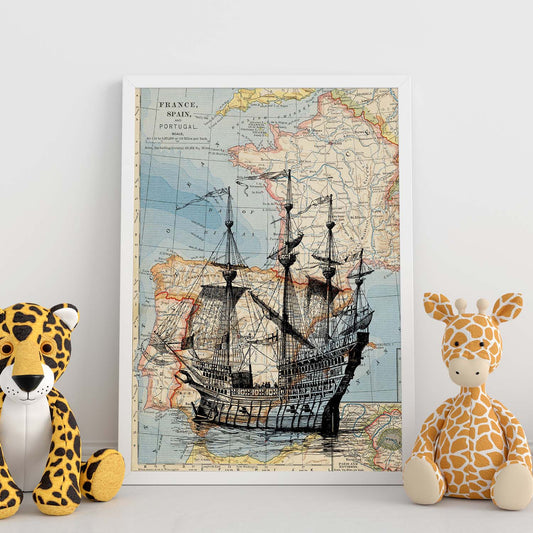 Posters de objetos sobre mapas. Lámina Mediterráneo Vintage, con diseño de objetos sobre mapas vintage.-Artwork-Nacnic-Nacnic Estudio SL