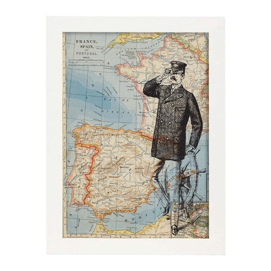 Posters de objetos sobre mapas. Lámina Tierra a la vista, con diseño de objetos sobre mapas vintage.-Artwork-Nacnic-A4-Marco Blanco-Nacnic Estudio SL