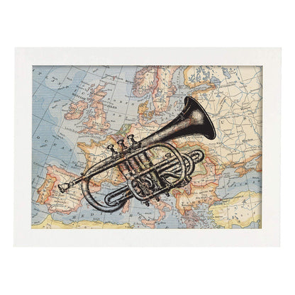 Posters de objetos sobre mapas. Lámina Trompeta para Europa, con diseño de objetos sobre mapas vintage.-Artwork-Nacnic-A4-Marco Blanco-Nacnic Estudio SL