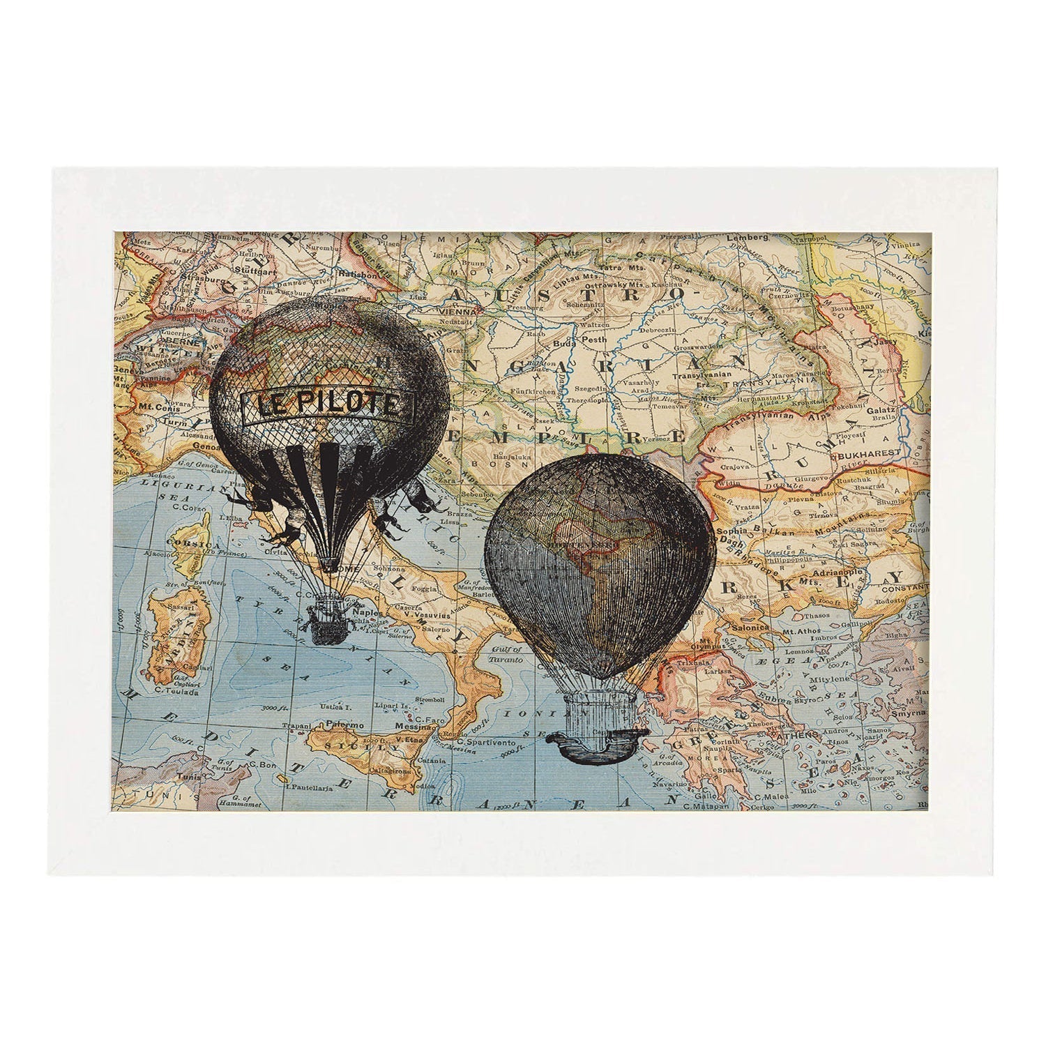 Posters de objetos sobre mapas. Lámina Viaje En Globos por Europa, con diseño de objetos sobre mapas vintage.-Artwork-Nacnic-A3-Marco Blanco-Nacnic Estudio SL