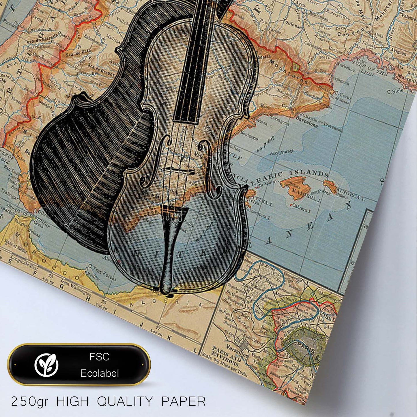 Posters de objetos sobre mapas. Lámina Violín para Europa, con diseño de objetos sobre mapas vintage.-Artwork-Nacnic-Nacnic Estudio SL