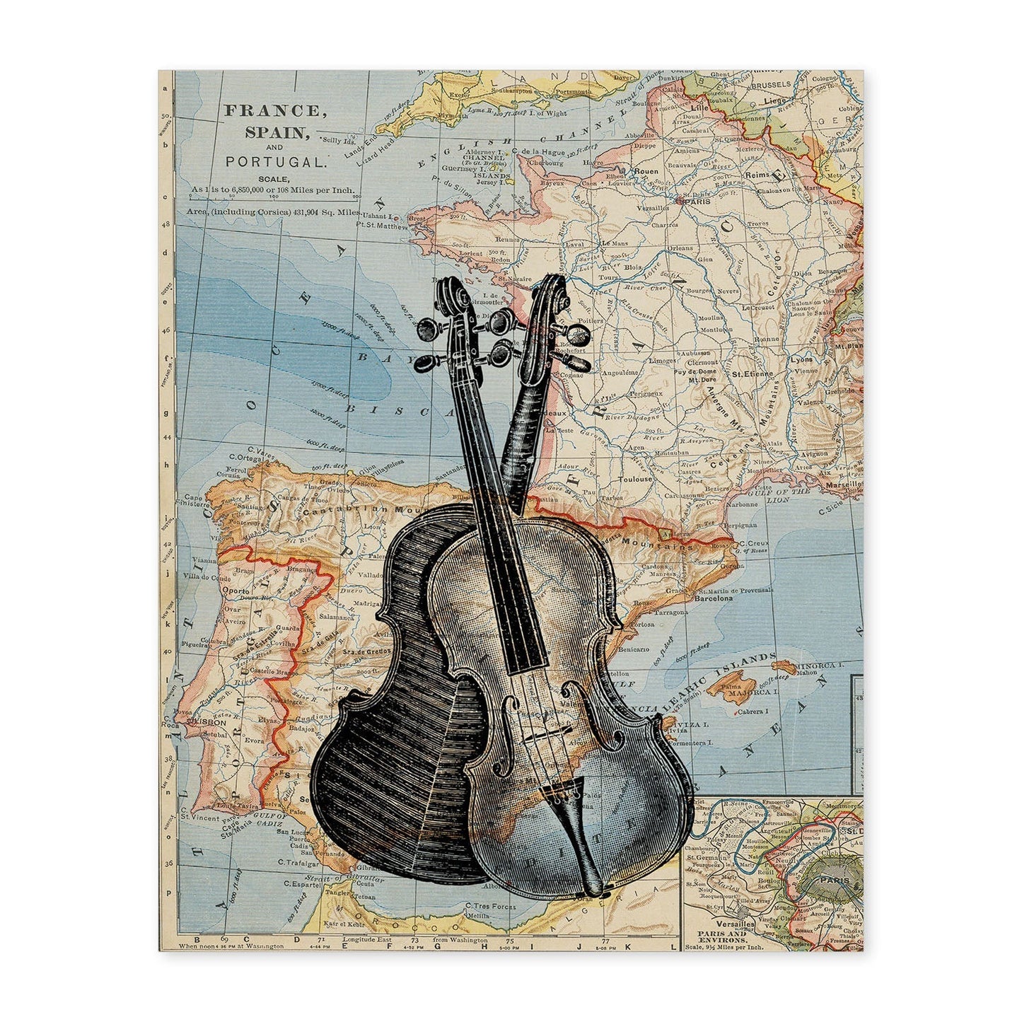 Posters de objetos sobre mapas. Lámina Violín para Europa, con diseño de objetos sobre mapas vintage.-Artwork-Nacnic-A4-Sin marco-Nacnic Estudio SL