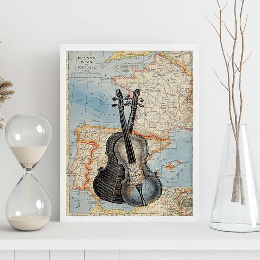Posters de objetos sobre mapas. Lámina Violín para Europa, con diseño de objetos sobre mapas vintage.-Artwork-Nacnic-Nacnic Estudio SL