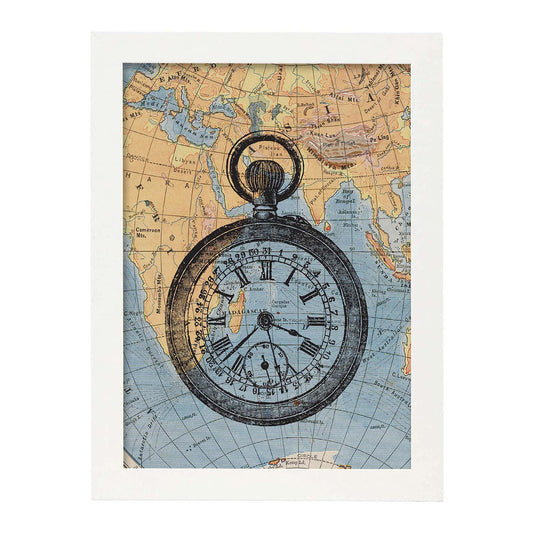Posters de objetos vintage. Lámina La Hora del Viaje con imágenes de objetos e instrumentos vintage, con definiciones en español.-Artwork-Nacnic-A4-Marco Blanco-Nacnic Estudio SL