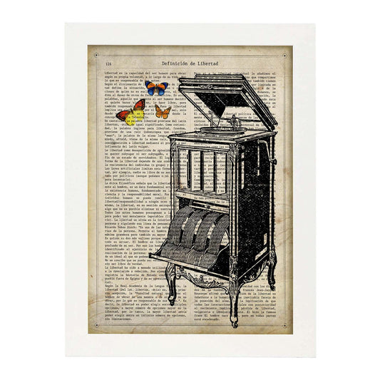 Posters de objetos vintage. Lámina Tócala otra vez con imágenes de objetos e instrumentos vintage, con definiciones en español.-Artwork-Nacnic-A4-Marco Blanco-Nacnic Estudio SL