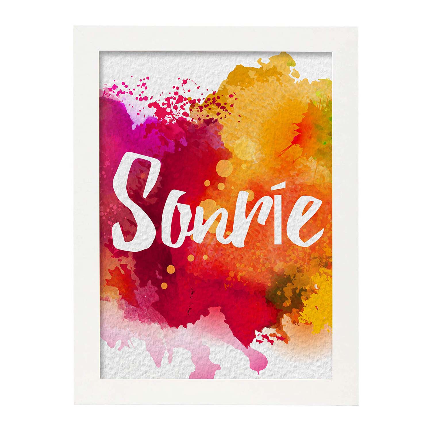Posters de palabras coloridas. Lámina de palabra Sonrie con diseño colorido y toques acuarela.-Artwork-Nacnic-A3-Marco Blanco-Nacnic Estudio SL