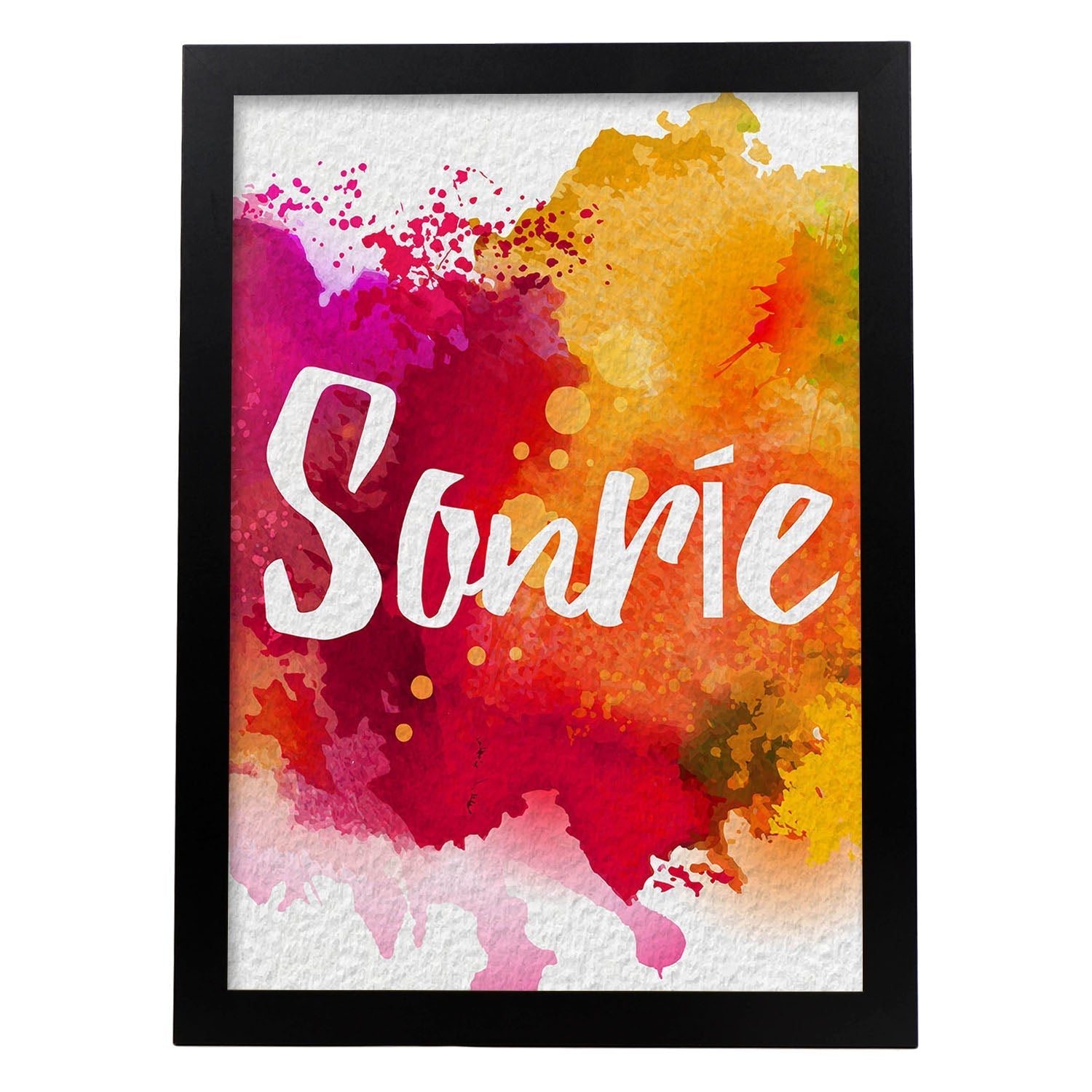 Posters de palabras coloridas. Lámina de palabra Sonrie con diseño colorido y toques acuarela.-Artwork-Nacnic-A3-Marco Negro-Nacnic Estudio SL