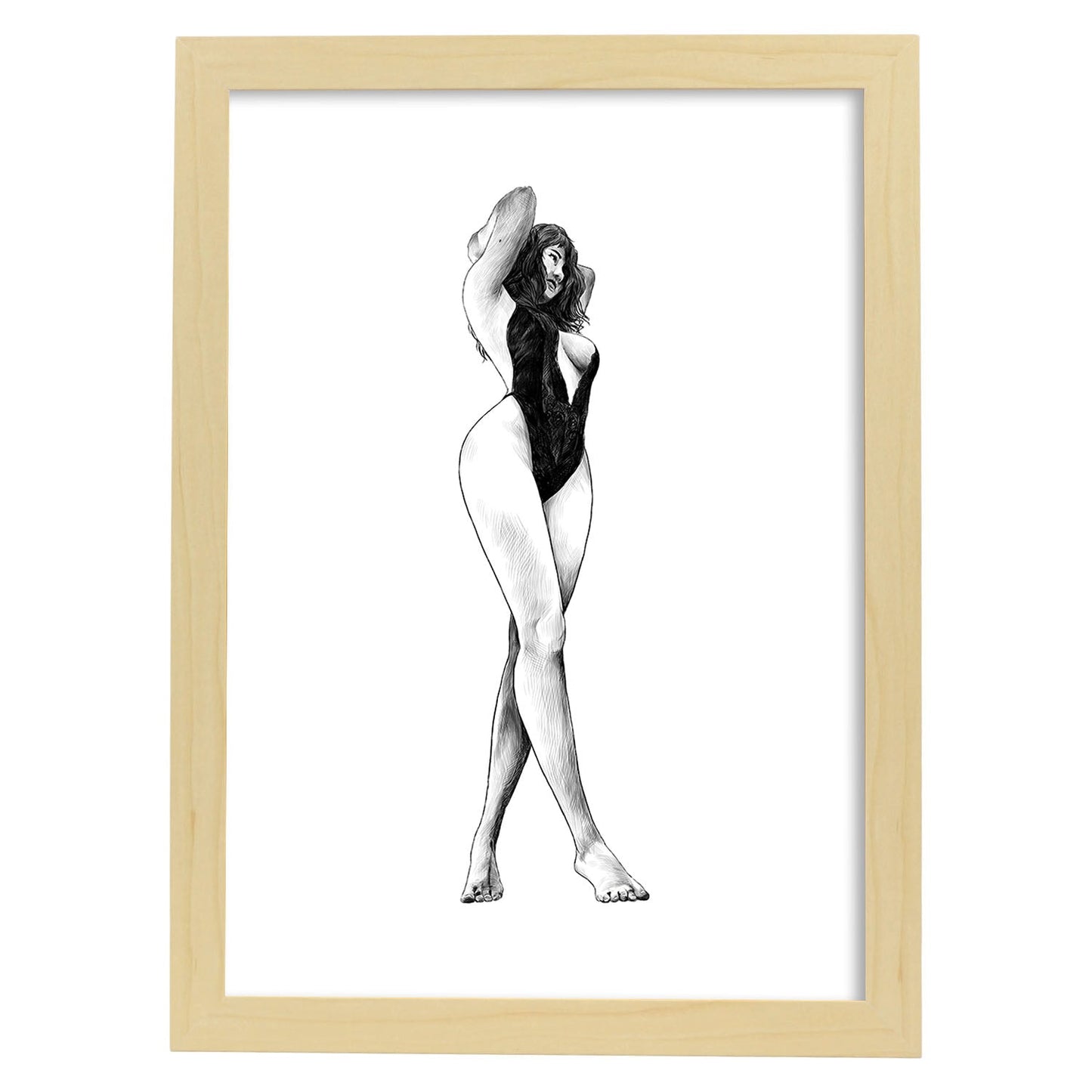 Posters eróticos. Lámina De pie 2 dibujada con imágenes sensuales del cuerpo femenino.-Artwork-Nacnic-A4-Marco Madera clara-Nacnic Estudio SL