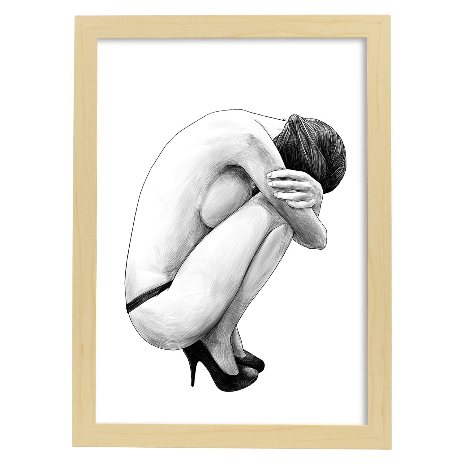 Posters eróticos. Lámina Encogida dibujada con imágenes sensuales del cuerpo femenino.-Artwork-Nacnic-A4-Marco Madera clara-Nacnic Estudio SL