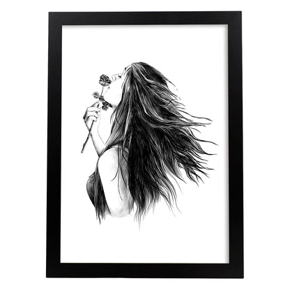 Posters eróticos. Lámina Mujer con rosa dibujada con imágenes sensuales del cuerpo femenino.-Artwork-Nacnic-A4-Marco Negro-Nacnic Estudio SL