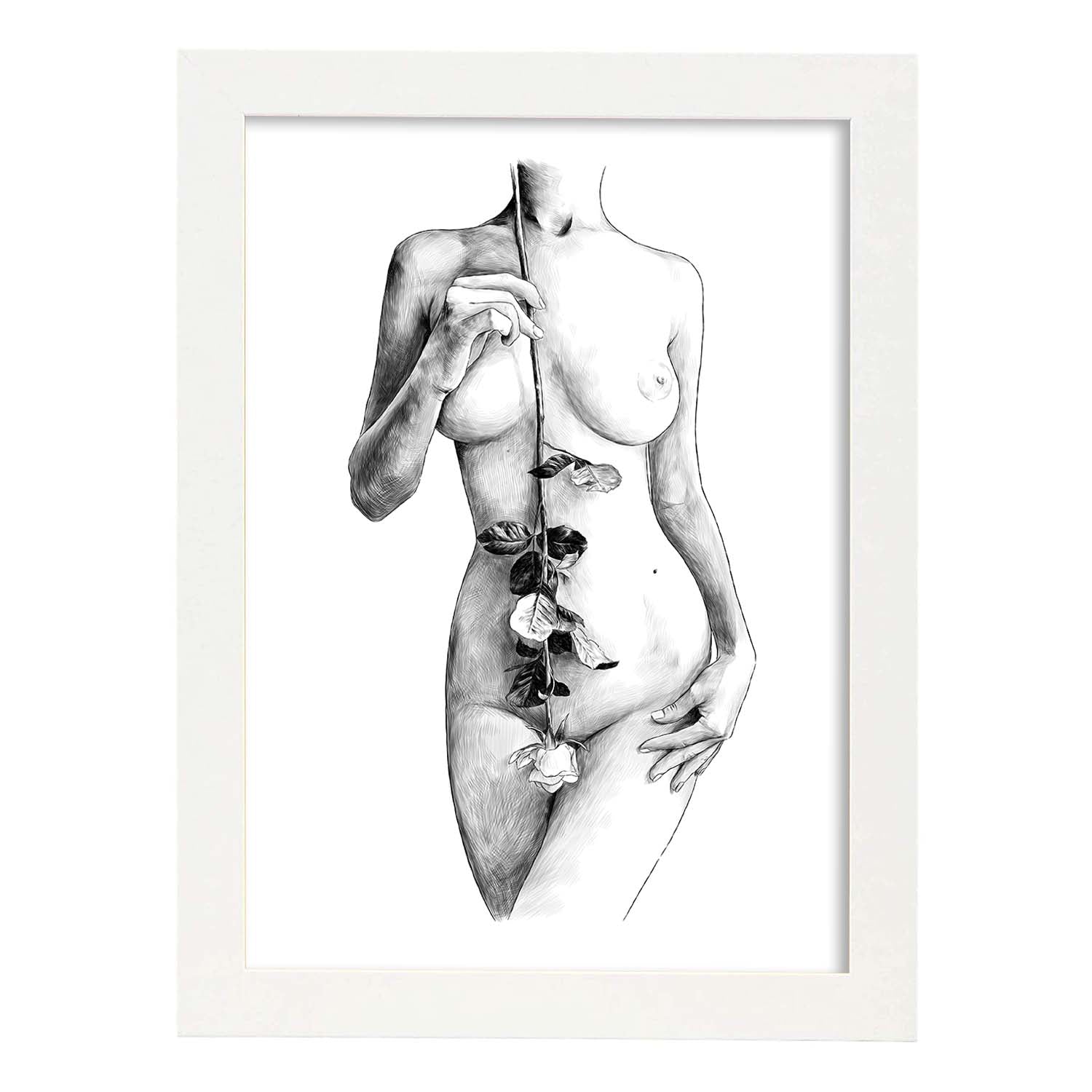 Posters eróticos. Lámina Pecho con flores dibujada con imágenes sensuales del cuerpo femenino.-Artwork-Nacnic-A3-Marco Blanco-Nacnic Estudio SL