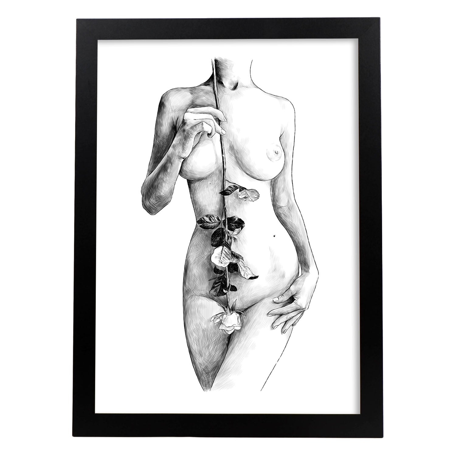 Posters eróticos. Lámina Pecho con flores dibujada con imágenes sensuales del cuerpo femenino.-Artwork-Nacnic-A3-Marco Negro-Nacnic Estudio SL