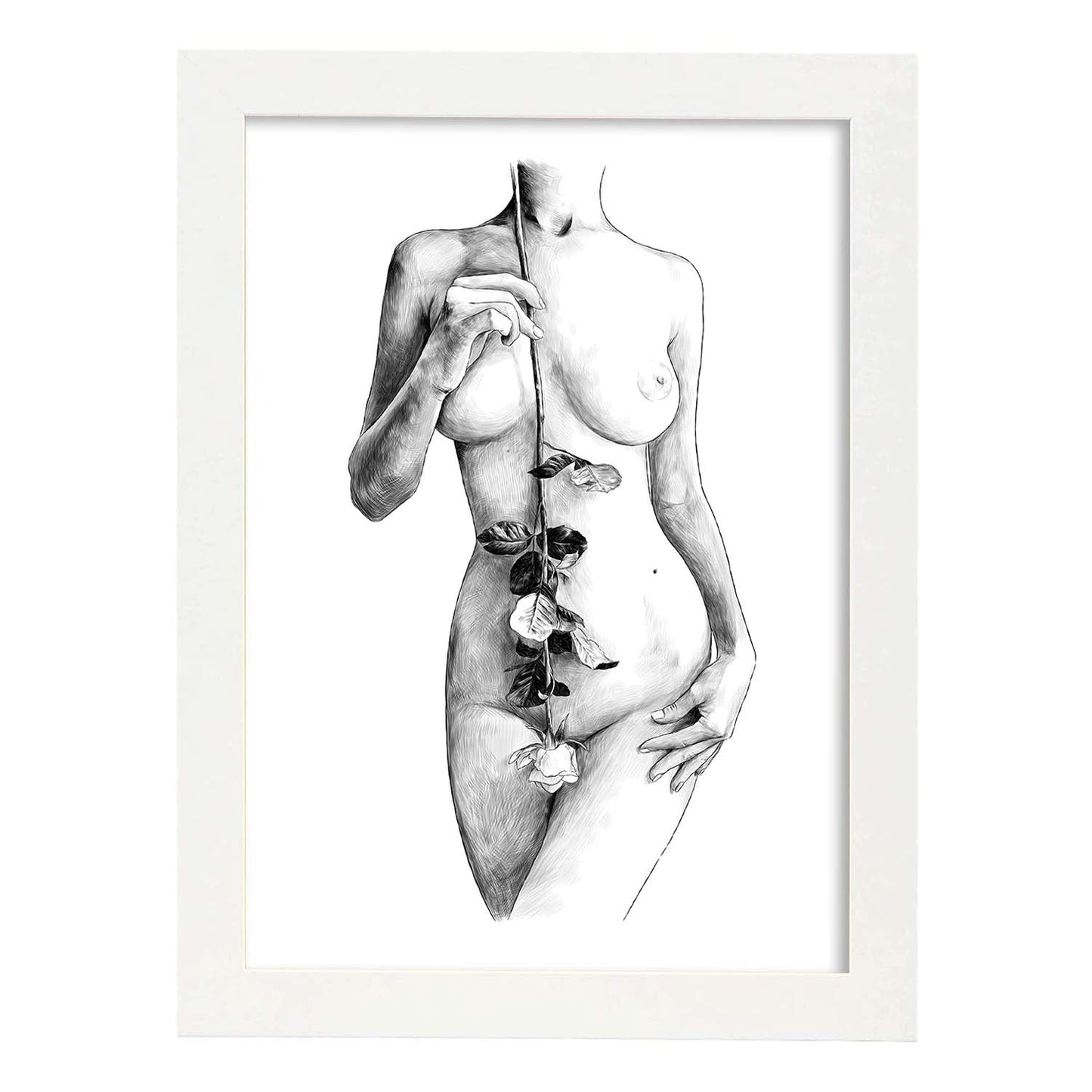 Posters eróticos. Lámina Pecho con flores dibujada con imágenes sensuales del cuerpo femenino.-Artwork-Nacnic-A4-Marco Blanco-Nacnic Estudio SL