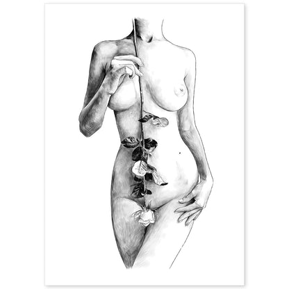 Posters eróticos. Lámina Pecho con flores dibujada con imágenes sensuales del cuerpo femenino.-Artwork-Nacnic-A4-Sin marco-Nacnic Estudio SL