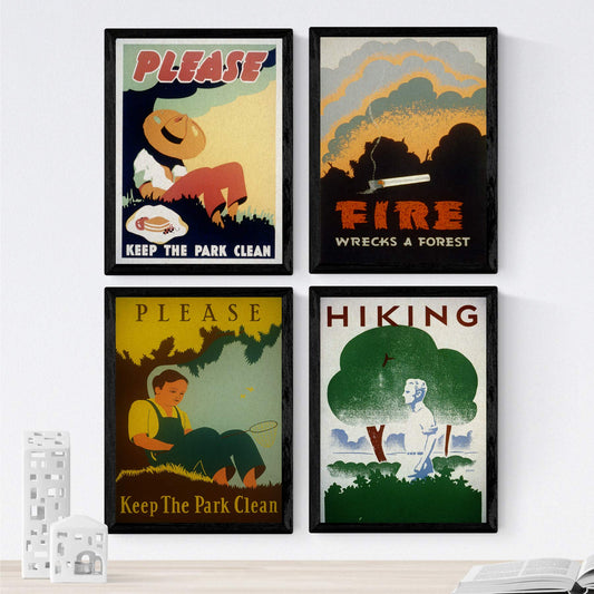 Posters vintage. Posters con anuncios antiguos. Cuatro carteles vintage de prevención de fuegos.-Artwork-Nacnic-Nacnic Estudio SL