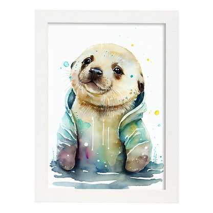 Pupa de foca nacnic para bebé sobre fondo blanco sonriendo. Estampados de arte de pared estético para el diseño de dormitorio o sala de estar.-Artwork-Nacnic-A4-Marco Blanco-Nacnic Estudio SL