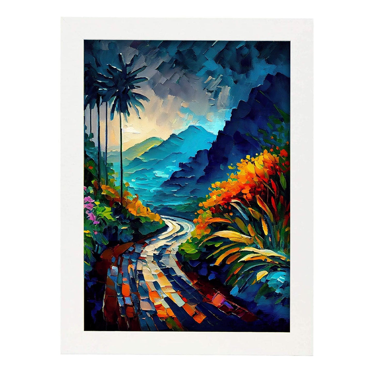 Road Nacnic a Hana Maui Hawaii Pintura al óleo de pinceladas. Estampados de arte de pared estético para el diseño de dormitorio o sala de estar.-Artwork-Nacnic-A4-Marco Blanco-Nacnic Estudio SL