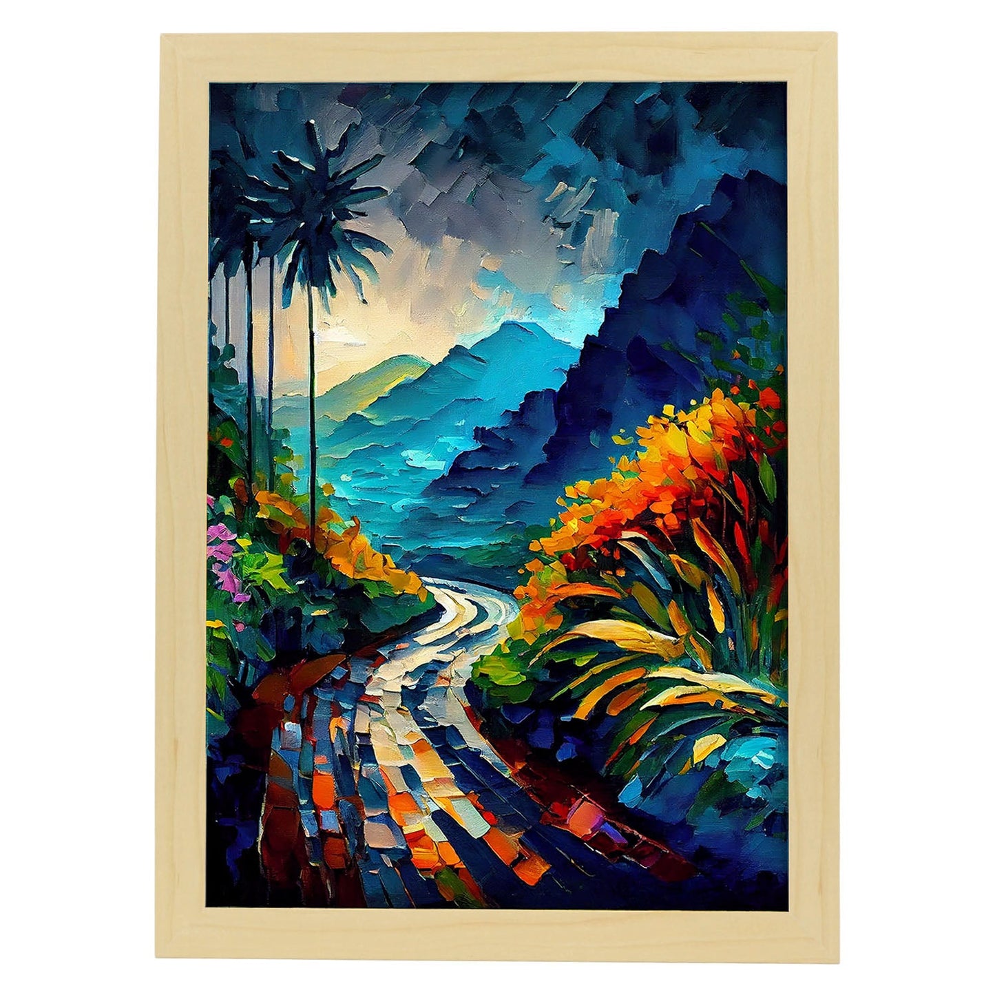 Road Nacnic a Hana Maui Hawaii Pintura al óleo de pinceladas. Estampados de arte de pared estético para el diseño de dormitorio o sala de estar.-Artwork-Nacnic-A4-Marco Madera clara-Nacnic Estudio SL